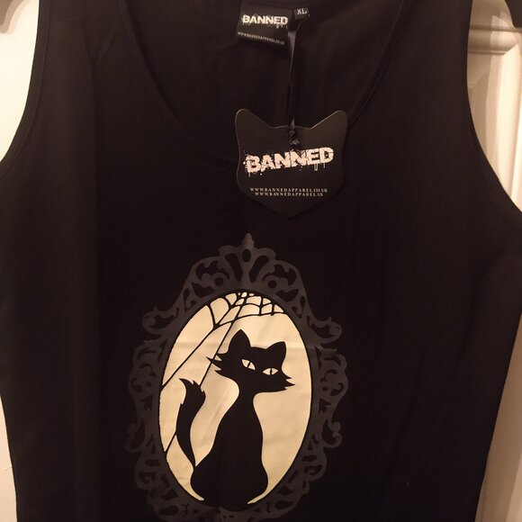 NWT GLOW IN THE DARK Cat Cameo Tank Top Banned Apparel Alternative Cobweb Kitty - Picture 1 of 14